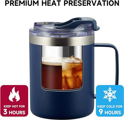 ALOUFEA 12oz Stainless Steel Insulated Coffee Mug with Handle, Double Wall Vacuum Travel Mug, Tumbler Cup with Fliping Lid, Navy and Army Green