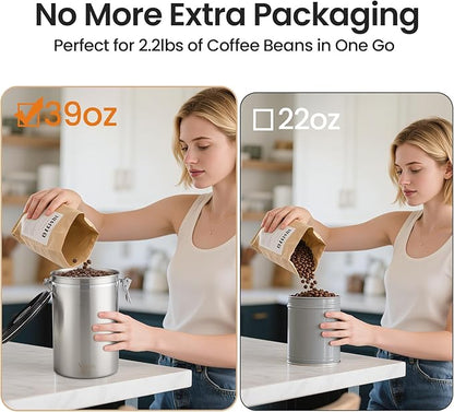 Veken Coffee Canister, 39OZ Large, Airtight Stainless Steel Food Storage Container for 2.2lbs Coffee Beans, Ground, Sugar, Tea, Flour, Rice, Cereal, Cookies Jars, Bar Accessories & Gifts, Silver