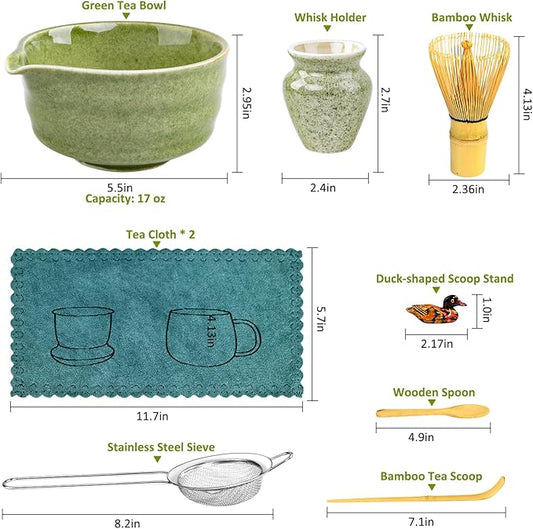 Matcha Set, 9 Pcs Japanese Matcha Whisk Set Matcha Tea Set for Traditional Tea Ceremony, Ceramic Matcha Kit for Matcha Drinks Matcha Set Whisk and Bowl Gift for Starters & Matcha Lover, Green