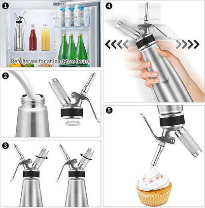 Professional Stainless Steel Cream Whipper, 1000ml – For Perfect Whipped Cream, Dessert Mousses, Cocktails & More – Easy to Use & Clean (Stainless Steel 1L)