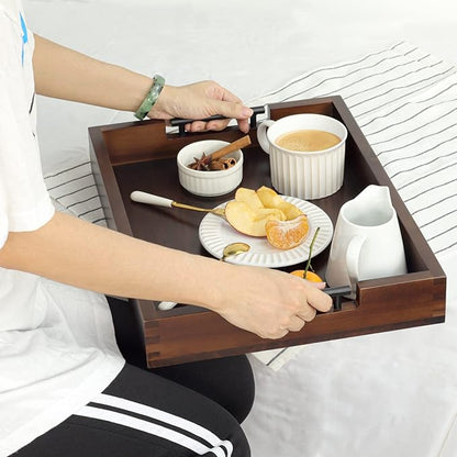 Ottoman Tray, Acacia Wood Serving Tray with Metal Handles, 16.5x12.5in Food Drinks Tray for Coffee Table, Breakfast, Dinner & Bar, Rustic Decorative Storage Tray for Ottoman, Kitchen, Packaging