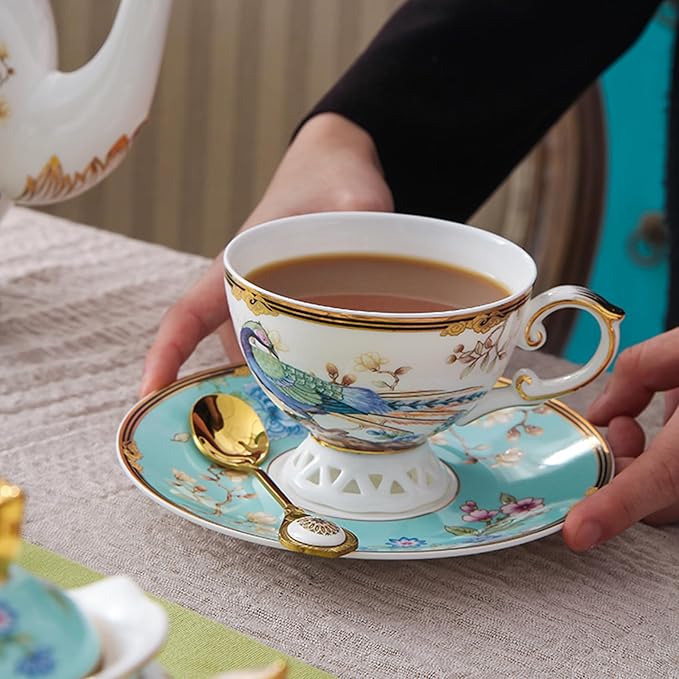 ACMLIFE Bone China Tea Cup and Saucer Set - Bone China Tea Coffee Cup and Saucer Set for 1 Luxury Fine China Tea Cup Set for One Blue Vintage Teacups and Saucers for Women Tea Party or Gift Giving