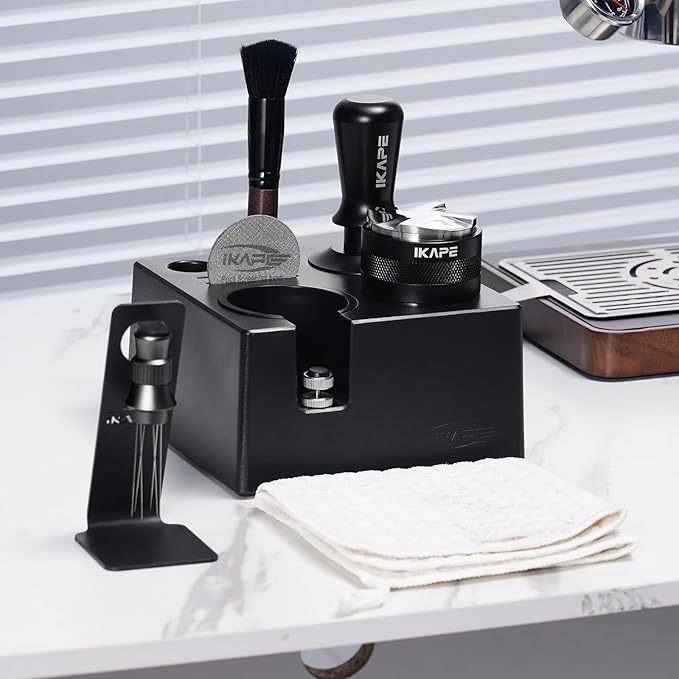 IKAPE 53MM Black Espresso Tool Set 8 IN 1, Coffee Tamper, Distributor, Magnetic Funnel, Puck Screen, Tamper Station, Stirrer Distribution Tool, Cleaning Towel and Brush