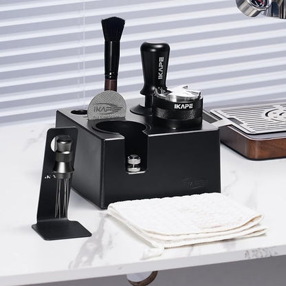 IKAPE 53MM Black Espresso Tool Set 8 IN 1, Coffee Tamper, Distributor, Magnetic Funnel, Puck Screen, Tamper Station, Stirrer Distribution Tool, Cleaning Towel and Brush