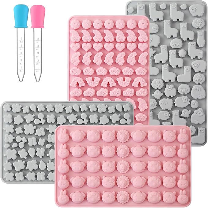 Animals & Flowers Silicone Candy molds, Non-Stick Gummy Bear Chocolate Gelatin Tray with 2 Droppers Creates 260 Alpaca, Clover, Animals, Rainbow & Cloud, Pack of 4
