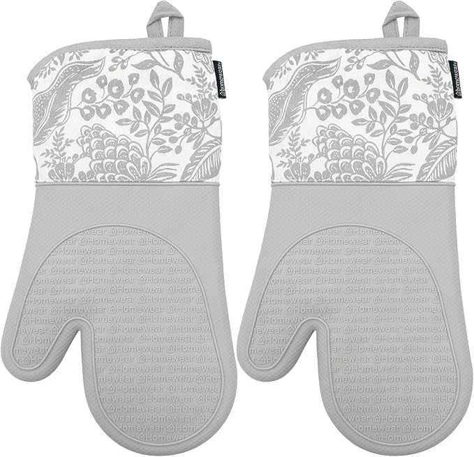 Delaney Silicone Oven Mitts Set - Extra Long, Heat Resistant Kitchen Gloves, Non-Slip Holders for BBQ, Baking, Cooking Essentials, Grey Toile, Kitchen Decor, Oven Gloves, New Home Gifts