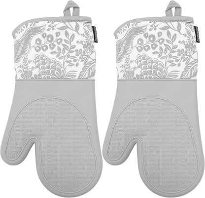 Delaney Silicone Oven Mitts Set - Extra Long, Heat Resistant Kitchen Gloves, Non-Slip Holders for BBQ, Baking, Cooking Essentials, Grey Toile, Kitchen Decor, Oven Gloves, New Home Gifts