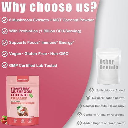Mushroom Coffee Creamer, Strawberry Flavored Coconut Creamer, Probiotics, MCT Powder, 6 Mushrooms | Lion's Mane, Turkey Tail, Reishi, Maitake | Boosts Focus, Immunity and Energy | 30 Servings