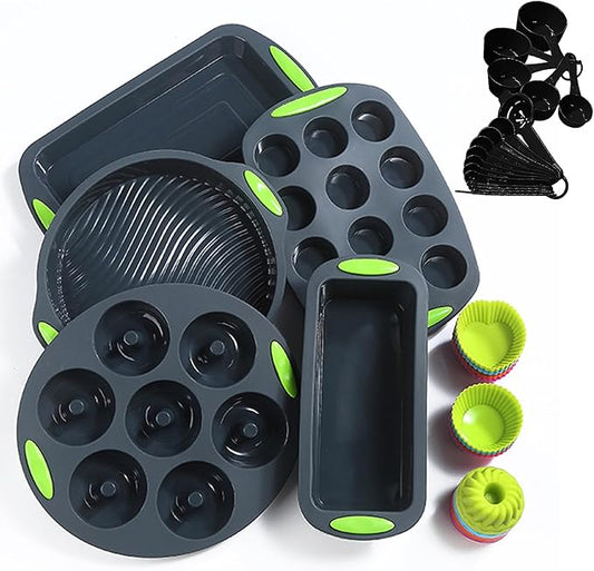 To encounter 41 Pieces Silicone Baking Pan Set, Silicone Cake Molds, Baking Sheet, Donut Pan, Muffin Pan with 36 Pack Baking Cups, Dishwasher Safe