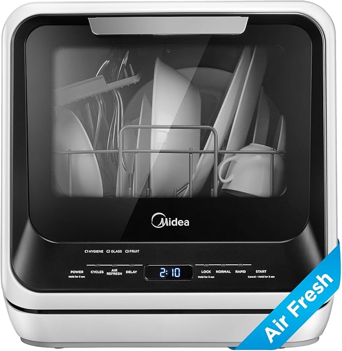 Midea MDC17P0ABB Portable Countertop Mini 5L Built-in Water Tank, No Hookup Needed, 6 Programs, 360° Dual Spray, 162℉ High-Temp& Air-Refresh Function, Dishwasher for Apartments& RVs, Black