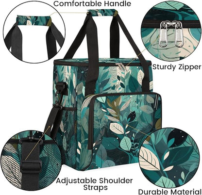 Turquoise Teal Leaves Coffee Maker Carring Bag Travel Carrying Storage Tote Bag Compatible with Keurig K-Mini or K-Mini Plus Portable Single Serve Coffee Brewer Case with Pockets for K-cup Pad
