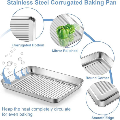 TeamFar 10.5'' Stainless Steel Compact Baking Pan Toaster Oven Tray with Cooling Rack, Corrugated Bottom & Grid Mesh Rack, Non-Toxic & Heavy-Duty