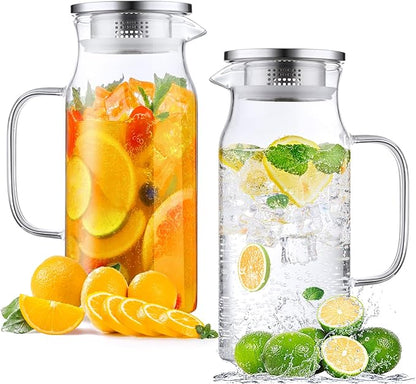 2 Pack 1.2 Liter 40 oz Small Glass Pitcher with Lid and Spout, Glass Carafe Water Pitcher for Hot/Cold Water, Iced Tea, Drinks, Coffee, Juice and Homemade Beverage
