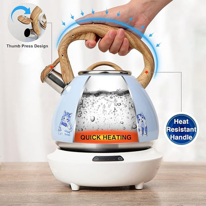 Tea Kettle, Toptier Teapot Whistling Kettle with Wood Pattern Handle Loud Whistle, Food Grade Stainless Steel Tea Pot for Stovetops Induction Water Kettle, 2.7-Quart Blue Cat