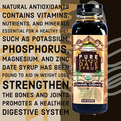 Coachella California Pure Organic Date Syrup By Julian's Valleys, 16 Ounce Squeeze Flip Cap, Gluten-free, Vegan, GMO-Free, Kosher