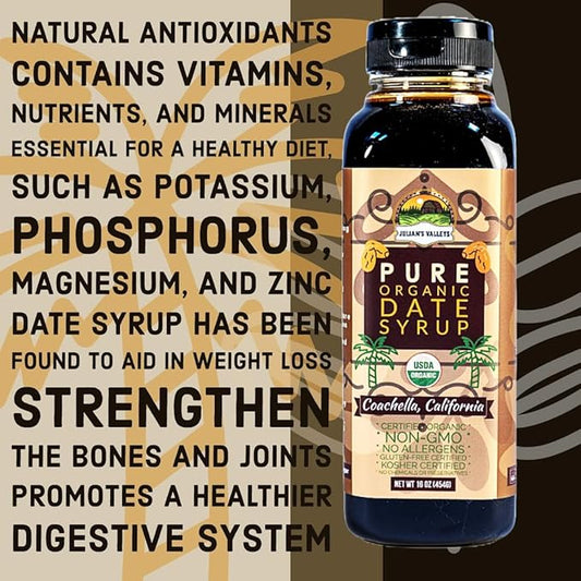 Coachella California Pure Organic Date Syrup By Julian's Valleys, 16 Ounce Squeeze Flip Cap, Gluten-free, Vegan, GMO-Free, Kosher