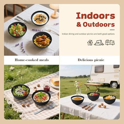 Wheat Straw Camping Bowls Sets of 6,Unbreakable 26oz Lightweight Bowls Sets for Outdoors Activity,Breakfast Bowls for Cereal and Salad.Black Series