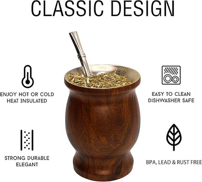 LA FEE Yerba Mate Natural Gourd/Tea Cup Set Brown (Original Traditional Mate Cup - 8 Ounces)，Includes Yerba Mate Straw & Cleaning Brush，Stainless Steel | Double-Walled | Easy to Clean (Brown)
