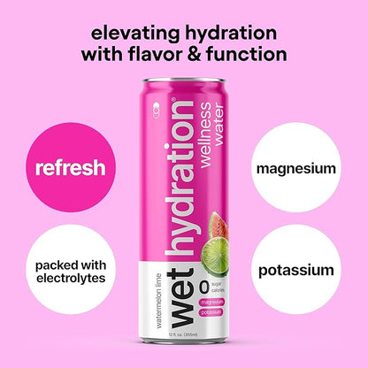 Wet Hydration | Functional Wellness Water, Non-Carbonated - Watermelon Lemon Lime (12 Ounce Cans, Pack of 12) - Flavored Water, Hydration Drink, No Sugar, No Artificial Ingredients, Zero Calories