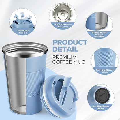 Volhoply 13 oz Stainless Steel Insulated Travel Coffee Mug with Fip Lid Bulk 2 Pack,Reusable Double Wall Vacuum Metal Coffee Cup,Portable Leak Proof Thermal Tumbler for Hot & Cold Drinks(Fog,2)