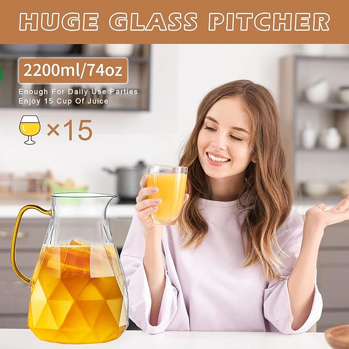 Yirilan Glass Pitcher,74oz/2.2 Liter Water Pitcher with Lid,Beverage Serveware,Iced Tea Pitcher,Water Carafe Handle,Heat Resistant Borosilicate Jug（with Mixing Spoon and Cup Brush）