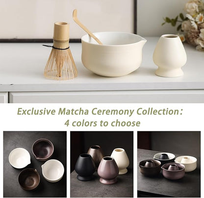 Matcha Set, Japanese Tea Set Includes Matcha Bowl with Spout, Matcha Whisk Holder (chasen), Bamboo Matcha Whisk and Bamboo Scoop, Ceramic Matcha Kit for Tea Lovers