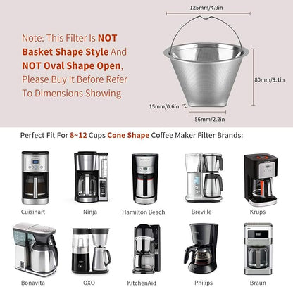 #4 Reusable Permanent Cone Coffee Filters, 8~12 Cup Size 4 Coffee Filters, Perfect Fit for Cuisinart Hamilton Beach Coffee Maker Filter, Replace Cuisinart GTF Gold Tone Coffee Filters