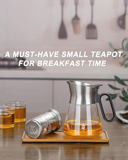 ZENS Design Glass Teapot with Infuser with 2 Cups, 23oz Small Loose Leaf Steeper Pot with Stainless Steel Spout for Hot Tea Diffusers, Oval Handle Clear Tea Infusers Pot for Tea Lovers Gifts