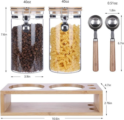 KKC Glass Coffee and Sugar Containers with Airtight Hinged Lids,Sealed Glass Jar Canisters with Scoops for Ground Coffee,Beans,Loose Leaf Tea,Nuts,Matcha,40 Fl oz