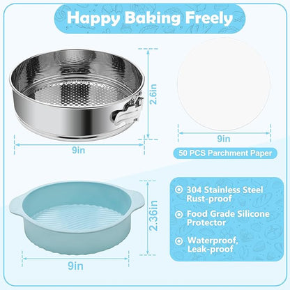 9 Inch Springform Pan with Silicone Pan Protector, 304 Stainless Steel Nonstick Leakproof Springform Cake Pan with Removable Bottom with 50pcs Parchment Paper