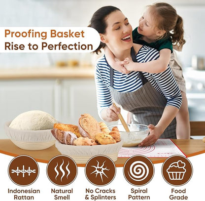Bread Proofing Basket Set, Round 9" & Oval 10" Sourdough Proofing Basket for Bread Making Tools and Supplies, Sourdough Bread Baking Supplies, Ideal Basket Gift Set for Artisan Bakers