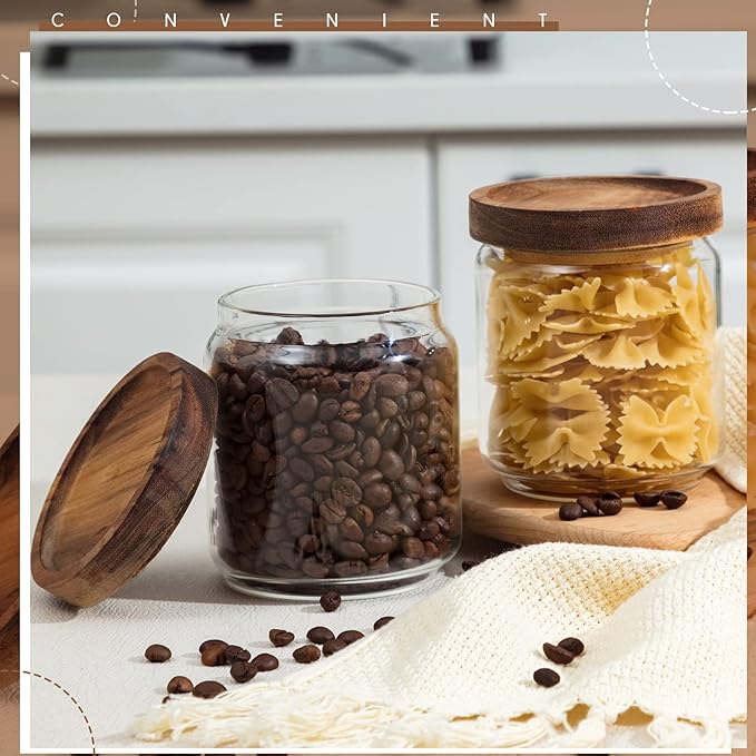 Irenare 16 Pcs 17 oz/ 500 ml Glass Canister Food Airtight Sealed Clear Borosilicate Glass Storage Jars with Lids Kitchen Spice Containers for Serving Coffee Sugar Tea Beans Candy Nuts Pantry (Wood)