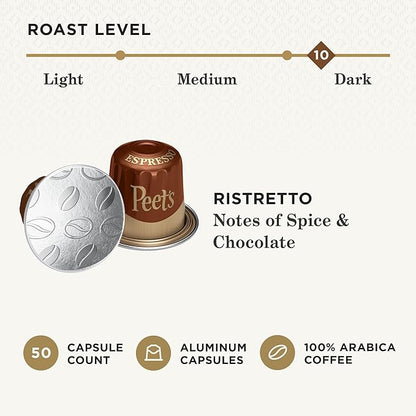 Peet's Coffee, Dark Roast Espresso Capsules, Compatible with Nespresso Original Machine - Ristretto Intensity 10, 50 Count (5 Boxes of 10 Espresso Capsules)