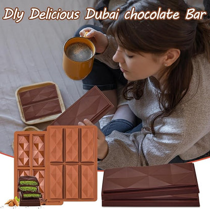 Chocolate Bar Molds 2 Pack,Deep Dubai Pistachio Stuffed Bar Silicone Mold for Making Filling Rhombus Shapes Candy Granola and Pastry Snacks