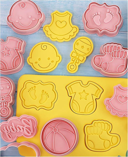 8 Pcs Cute Baby Shower Cookie Cutters for Baking Plastic Cookie Stamps Newborn Party Biscuit Mould Set DIY Fondant Biscuit Stamps Kitchen Tools(L8)