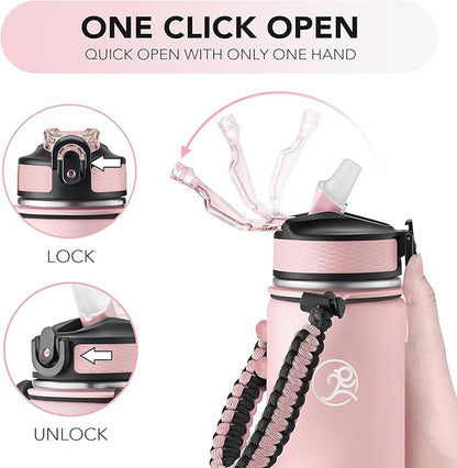 GOSWAG Insulated Sports Water Bottle, 24oz 2 Lids(with Straw/No Straw), Stainless Steel Water Bottles with Paracord Handle, Insulated Bottle with Double-Wall Vacuum Insulation