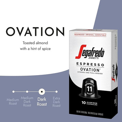 Segafredo Zanetti Espresso Capsules – Aluminum Pods for Nespresso Original Machines – Dark Roast Premium Espresso with a Full-Bodied Aroma – Strong, Intensity 11 – Ovation, 10 Count (Pack of 2)