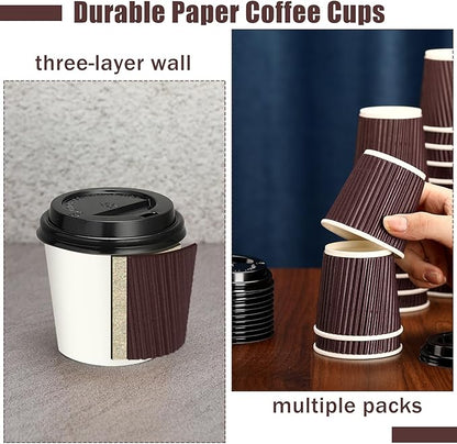 Uiifan 100 Set 4oz Disposable Espresso Cups with Lids Ripple Corrugated Paper Disposable Coffee Insulated Hot Ripple Cups for hot Chocolate, Tea, and Cocoa Drinks (Coffee Color)
