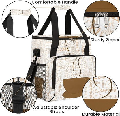 Coffee Cup Coffee Maker Carring Bag Coffee Texts Travel Carrying Storage Tote Bag Compatible with Keurig K-Mini or K-Mini Plus Portable Single Serve Coffee Brewer Case with Pockets for K-cup Pods