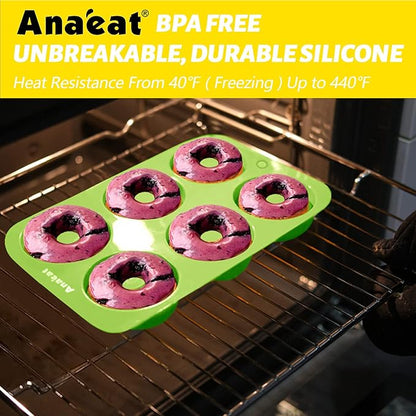 Anaeat 2 Pack Donut Pan Silicone Baking Mold, Just Pop Out! Non-Stick Doughnuts Baking Pans BPA Free for 6 Full-Size Donuts, Muffins, Cake Biscuit Bagels - Easy Clean, Oven, Dishwasher Safe (Green)
