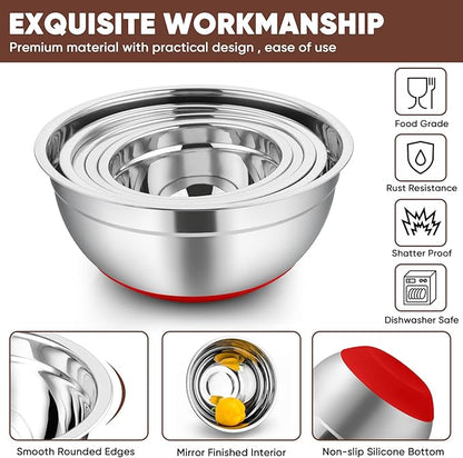 TeamFar Mixing Bowls with Lids Set, 7/3.5/2.5/1.5/1 QT, Stainless Steel Large Red Nesting Metal Salad Mixing Bowl Set of 5, Healthy & Easy Clean, Airtight Lid & Non-slip Bottom
