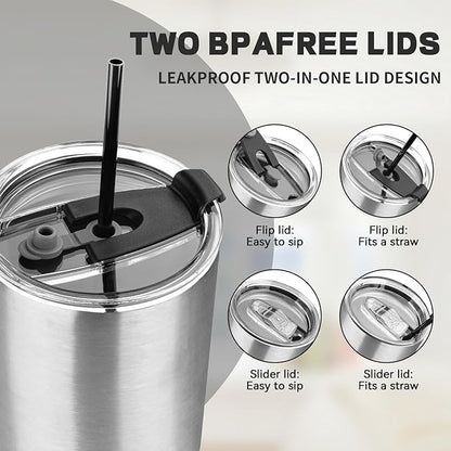 40 oz Tumbler with Lids and Straws, Stainless Steel Insulated Coffee Tumbler, Double Wall Vacuum Insulated Travel Mug Cup, Leakproof Thermal Coffee Cup for Hot and Cold Drinks (Silver)