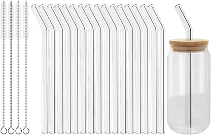 Lazycorner Reusable Glass Straws Set 16 Pcs 8.5''x 10MM Bent Clear Glass Drinking Straws, Set of 16 Bent with 4 Cleaning Brushes. Reusable Straws Perfect For Smoothies, Tea, Juice-Clear Cocktail.