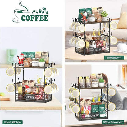 EsLuker.ly Coffee Mug Cup Holder Stand Bar Station Organizer for Countertop, Multi-Functional 2 Tier Mug Tree Rack for Kitchen, Storage Shelf with 12 Hooks, Brown-Black(Patented Design)