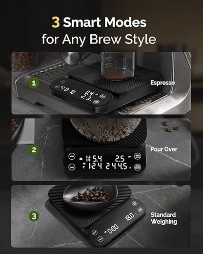 Maestri House S3 Coffee Scale with Timer, 3kg/0.1g Rechargeable Digital Scale, 3 Brew Modes, Adjustable Ratios & Flow Rate Display, Barista-Grade for Pour-Over, Espresso, French Press – Black