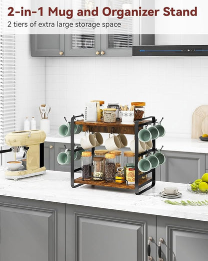 IBUYKE Coffee Bar Station Countertop Organizer,2 Tier Kitchen Mug Cup Holder Stand,Wooden Coffee Mug Organizer with 18 Hooks,Multifunctional Mug Tree for Home Kitchen, Office,Vintage Brown UTBJ006H