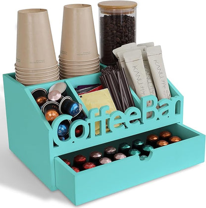 Coffee Bar Organizer for Countertop – Wooden Coffee Station with Black Drawer, Tea and K Cup Storage Rack, Coffee Pod Holder for Home and Office Counter Organization (Drawer - Turquoise)
