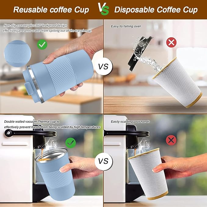 YINBAOGE Insulated Travel Coffee Mug Spill Proof Leak Proof Pobtable To Go Camping Stainless Steel Coffee Tumbler Reusable Coffee Cups with Lids Thermos for Hot and Cold Drink (Light blue, 12 OZ)