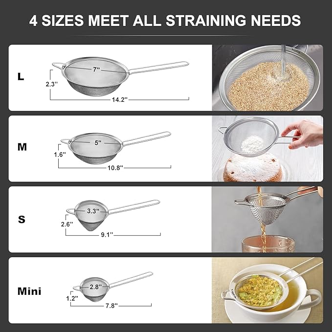 Walfos Fine Mesh Strainer 4PCS, Versatile Kitchen Strainer with Handle - 7", 5", 3.3", 2.8" Sieve Fine Mesh Stainless Steel, Metal Strainers and Sifters for Rice, Quinoa, Tea, Cocktail, Pasta, Juice