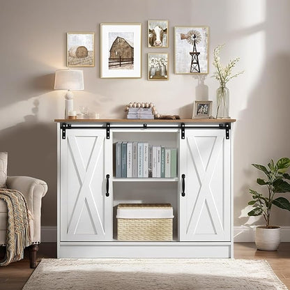 4 EVER WINNER Coffee Bar Cabinet with Sliding Barn Doors, 42”Farmhouse Buffet Cabinet with Storage for Kitchen, Coffee Bar with Adjustable Shelf for Dining Room, White